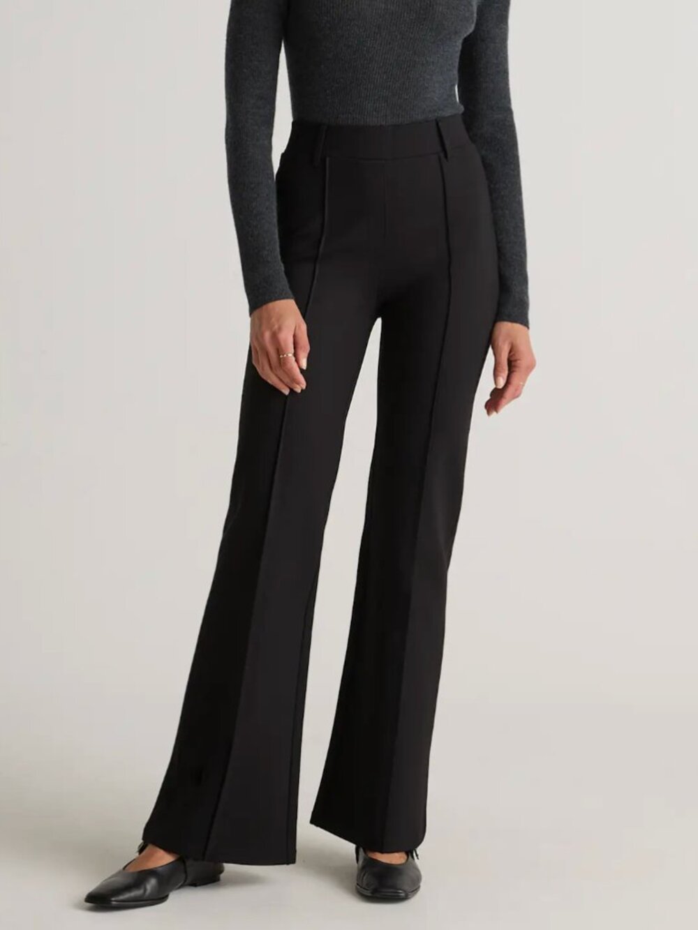 Quince Ultra Stretch Ponte Flare Leg Pants High Rise Pleated Trousers Black XL